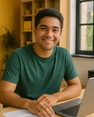 Jovem sorridente sentado &agrave; mesa com laptop e documentos em ambiente iluminado e moderno