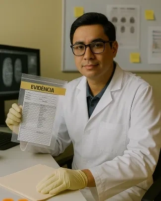 Homem com jaleco branco segurando um documento rotulado como "EVID&Ecirc;NCIA" em ambiente de laborat&oacute;rio