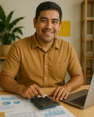 Homem sorridente com camisa marrom, usando calculadora e laptop em mesa com gr&aacute;ficos e plantas ao fundo