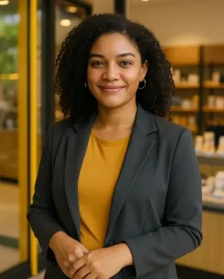 Mulher com cabelo cacheado, usando blazer cinza e blusa amarela, sorrindo em ambiente interno de uma faculdade