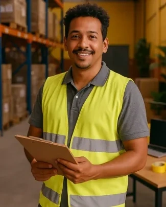 Homem sorridente usando colete de seguran&ccedil;a amarelo em armaz&eacute;m, segurando um tablet, representando seguran&ccedil;a e efici&ecirc;ncia no trabalho.