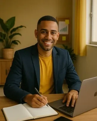Homem de neg&oacute;cios sorridente trabalhando em escrit&oacute;rio, usando blazer azul e camisa amarela, com laptop e caderno na mesa, ambiente iluminado e acolhedor.