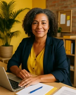 Mulher negra sorridente sentada &agrave; mesa em ambiente de escrit&oacute;rio, com laptop, livros e plantas ao fundo, transmitindo confian&ccedil;a e profissionalismo.