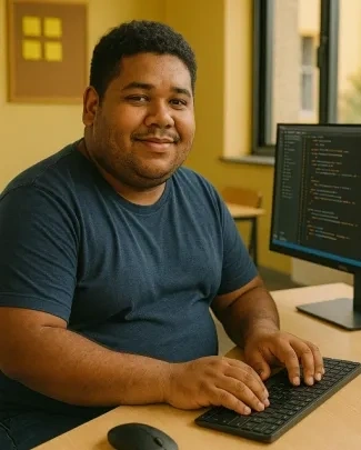 Homem sorridente trabalhando com computador em escrit&oacute;rio, usando camiseta azul, ambiente bem iluminado e confort&aacute;vel.