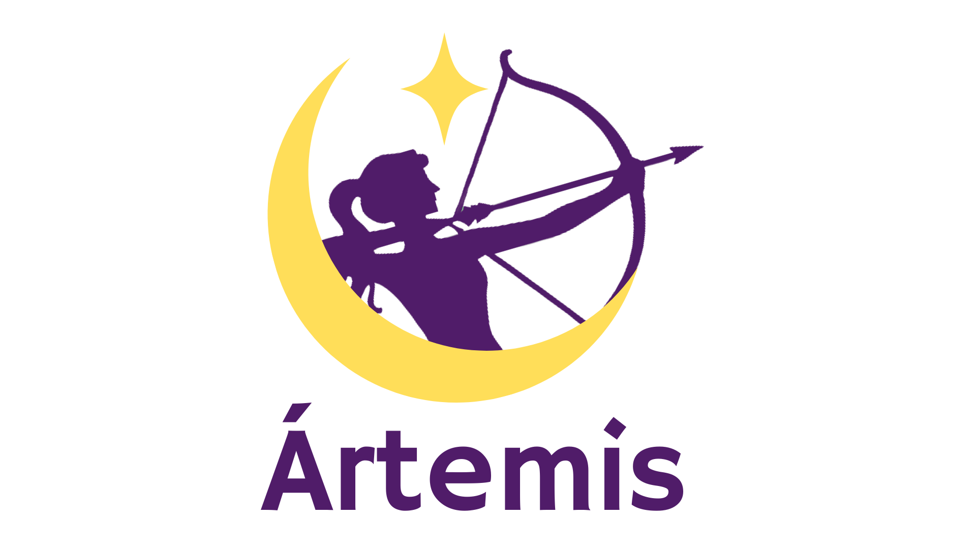 Logo da deusa Artemis com uma silhueta de arqueira com arco na lua crescente, símbolo de caça, natureza e feminilidade, com o nome "Ártemis" em destaque.