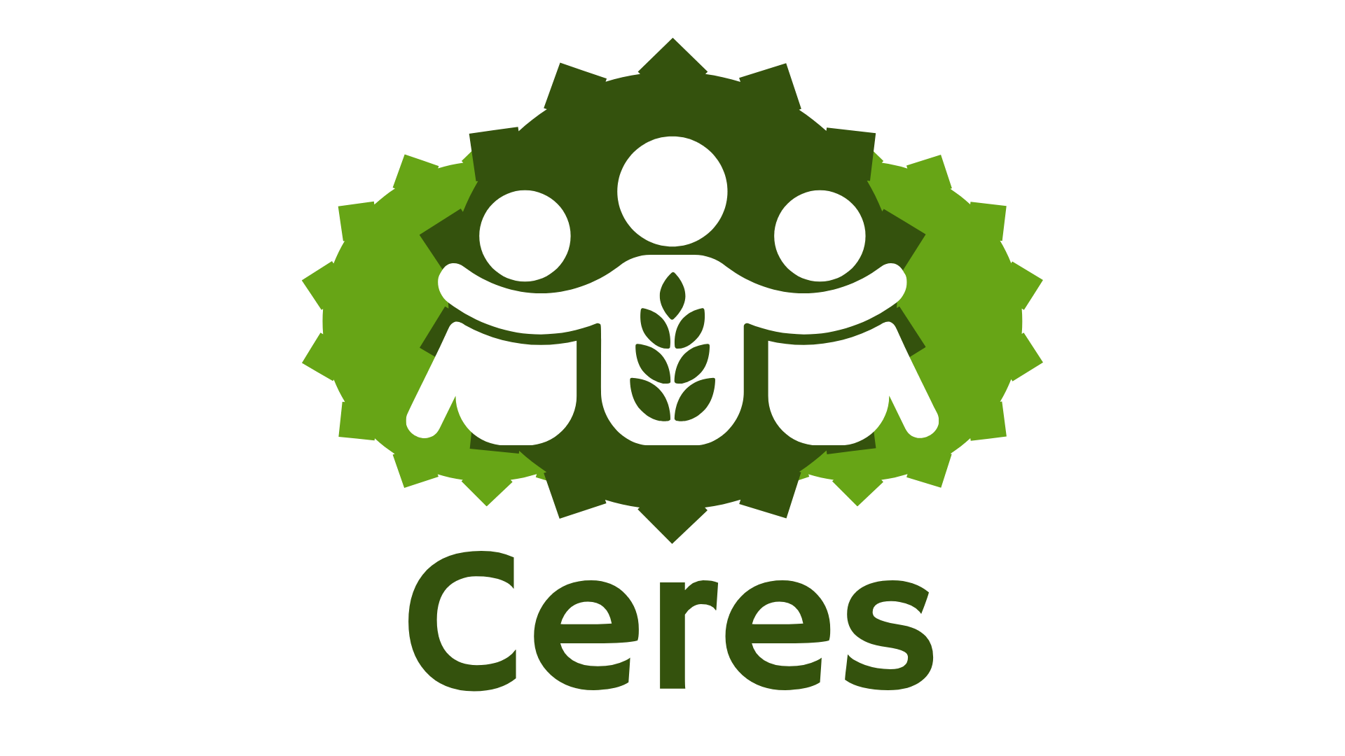 Logo do Ceres representando sustentabilidade e cooperação, com figuras humanas estilizadas formando um círculo ao redor de um símbolo de folha. Ideal para iniciativas ecológicas e sociais.