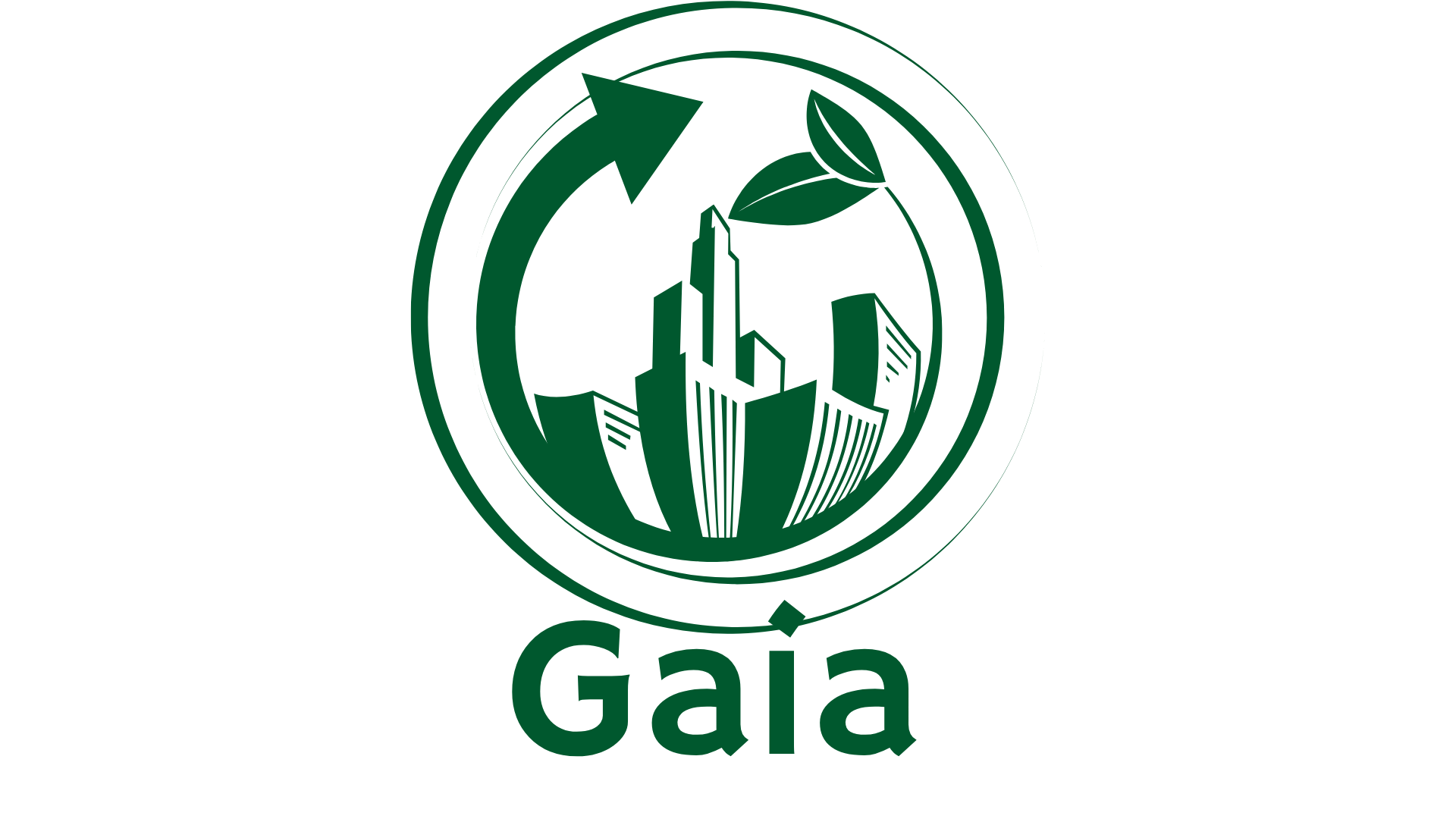 Logotipo do Gaia, uma marca que promove sustentabilidade e sustentabilidade urbana, com símbolos de cidade, árvore e reciclagem em destaque.