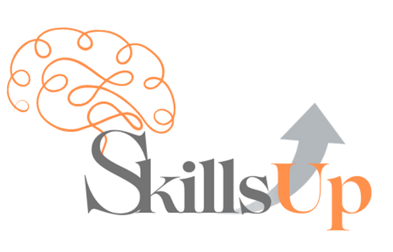 Logo da SkillsUp, uma plataforma de desenvolvimento de habilidades, com um cérebro estilizado em laranja e uma seta apontando para cima, representando crescimento e aprendizado.
